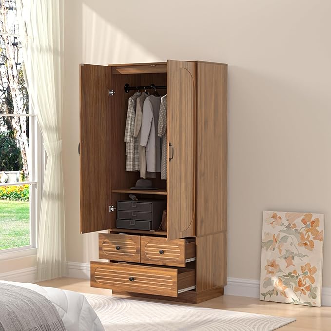 Jluomei Armoire Wardrobe Closet with Doors, Wardrobe Cabinet with 3 Drawers, Wooden Large Clothing Storage Cabinet with Hanging Rod and Shelf, Mid-Century Modern Tall Closet for Bedroom, Walnut | with Doors, Wardrobe Cabinet, with 3 Drawers, with Hangi...