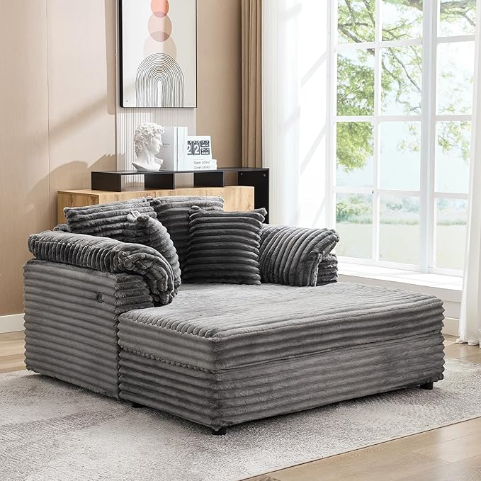 Oversized Chaise Lounge Chair59 * 54 Inch Indoor Comfy Corduroy Cloud Sleeper Couch Upholstered Sofa Bed with USB Port Throw Pillows Supportive Armrests for Living Room