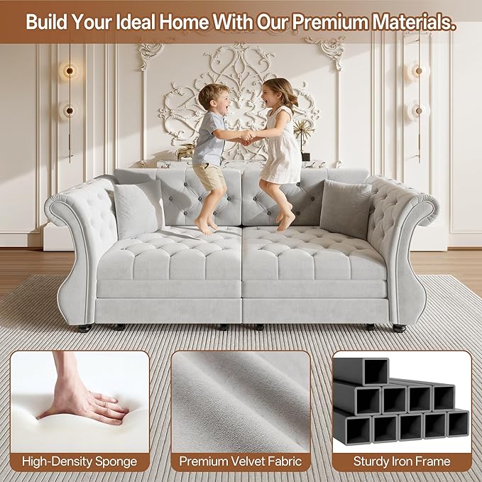 Eafurn Oversized 3-Seater Chesterfield Loveseat Convertible Queen Size Sleeper Couch Bed,Classic Tufted Velvet Pull Out Loveseat Sofa Bed with Roll Armrest and Solid Wood Legs