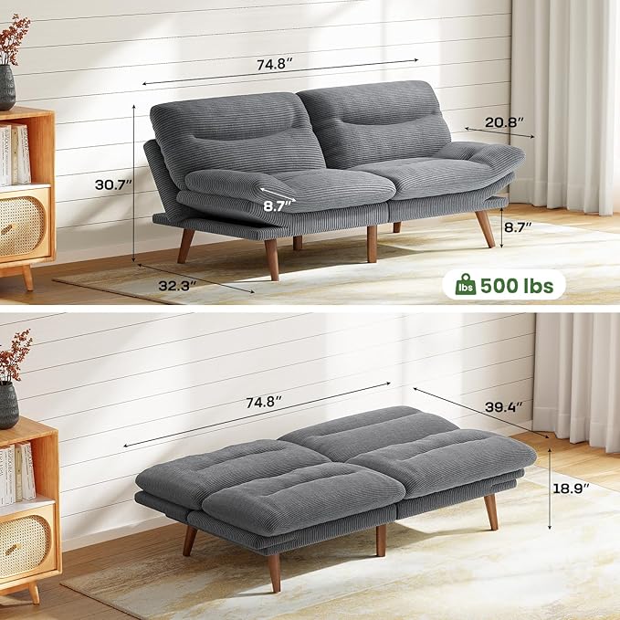 Marsail 74.8" Futon Sofa Bed, Corduroy Convertible Futon Couch with Adjustable Backrest & Armrests, Small Sleeper Sofa Loveseat for Small Apartments, Study Room, Office, Grey