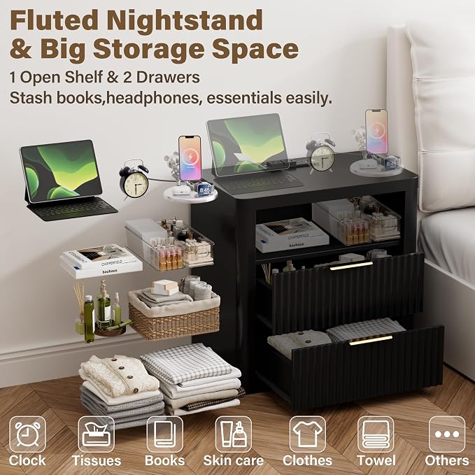 YESHOMY Fluted Nightstands Set of 2 with Charging Station,24" Night Stand with 2 Drawers and Storage Shelf,RGB LED Lighting,Arc Edge Fluted Bedside Table for Bedroom,Classic Black - Image 6