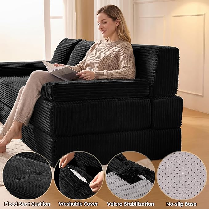 78.7IN Folding Sofa Bed - Convertible Sleeper Sofa Couch with Removable Pillows, 3 Seater Couches Bed for Living Room, Bedroom, Apartment, No Assembly Required, Freestanding, Corduroy, Black