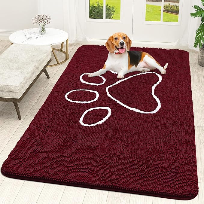OLANLY Dog Door Mat for Muddy Paws 70x46, Paw Print Design, Absorbs Moisture and Dirt, Absorbent Non-Slip Washable Doormat, Quick Dry Chenille Mud Mat for Dogs, Entry Indoor Entryway Carpet, Burgundy by OLANLY