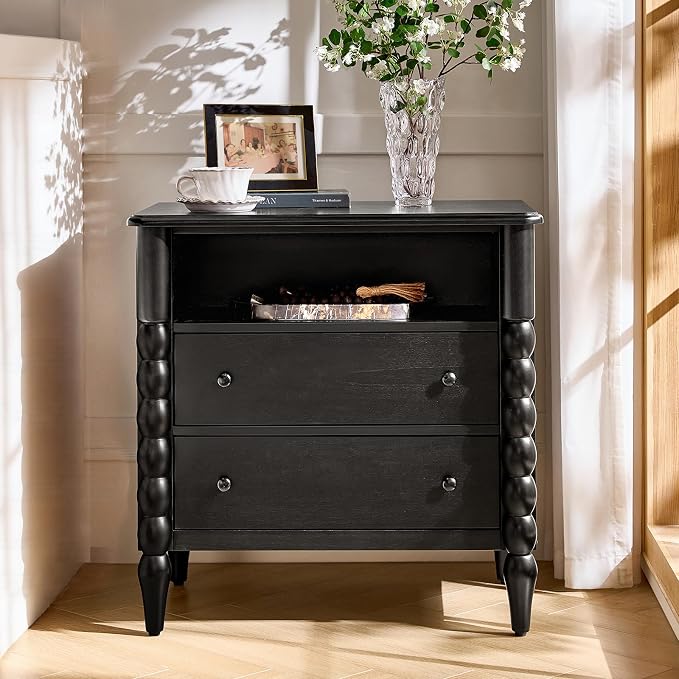 HULALA HOME Farmhouse Storage End Table with Spindle Columns, 2 Drawers and Open Shelf Side Table, Solid Wood Fluted Side Table with Charging Station, Black by HULALAHOME