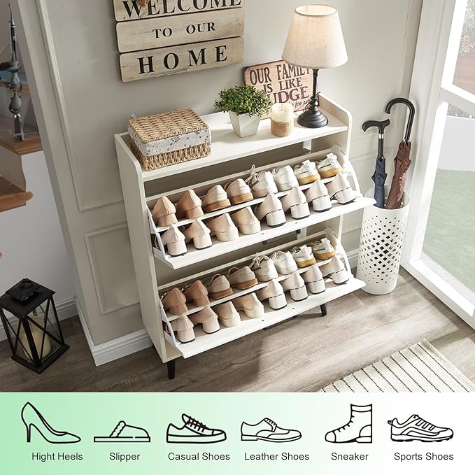 Barnyatoh Shoe Storage Cabinet with 2 Flip Drawers, Farmhouse Hidden Shoe Organizer, Narrow Slim Shoe Rack Cabinet for Entryway Hallway,Antique White - Image 4