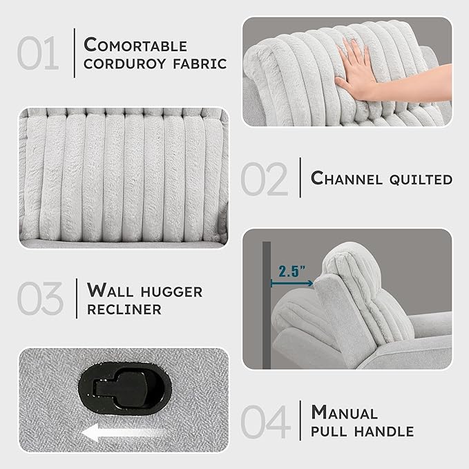 Lexicon Modern Recliner Chair for Living Room, Manual Wall Hugger Textured Microfiber Reclining Chair, Plush Corduroy Channel Seat Back, Manual Recliner, Light Gray