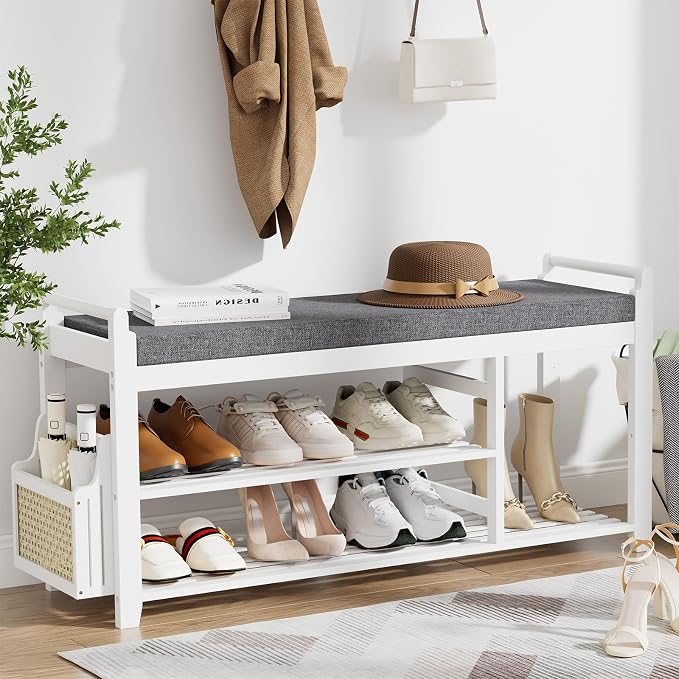 Homaxy 2-Tier Shoe Rack Bench with Side Holder, 39.4 in Bamboo Entryway Bench, Shoe Rack Organizer with Cushion for Front Entrance, Hallway Living Room Bedroom, White and Dark Grey by Homaxy