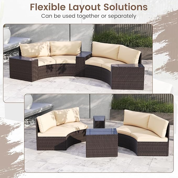 Tangkula 5 Pieces Patio Furniture Set, PE Rattan Half-Moon Curved Sectional Sofas with Tempered Glass Top Side Tables, Outdoor Conversation Set for Porch, Backyard & Poolside (Beige)