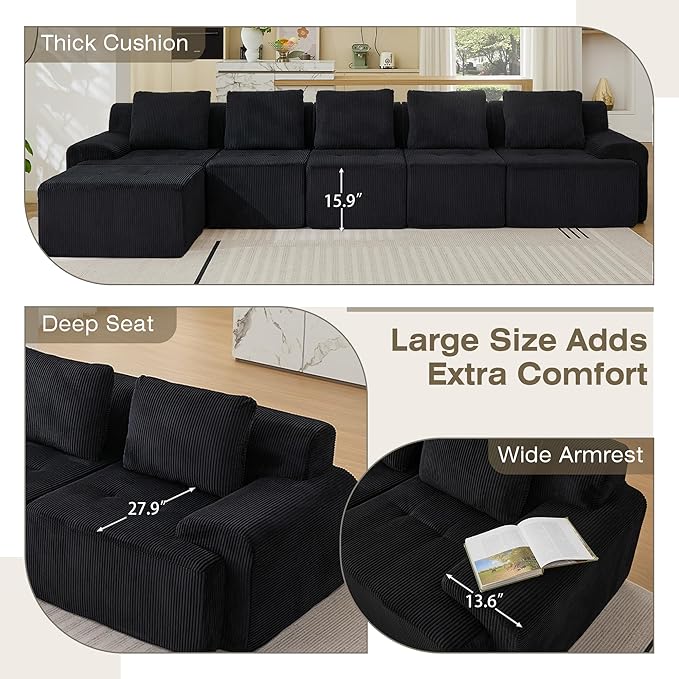 Modular Sectional Sofa, 6 Seat Modular Couch, Modular Sofa with Deep Seat and Detachable Pillow (Black, 6 Pieces-L Shape)