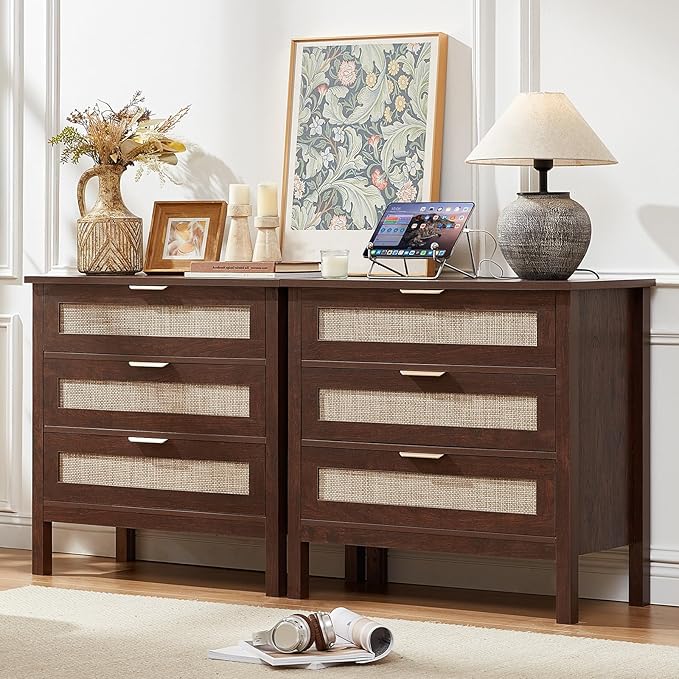 LEYAOYAO 31.5" Wide Rattan Nightstands Set of 2 with Charger Station, Large Boho 3 Drawer Night Stand, Retro Walnut Bedside Table with Storage, Bed Side End Tables for Bedroom, Living Room, Hallway by LEYAOYAO-Findtheshiningpointofyourideallife%EF%BC%81