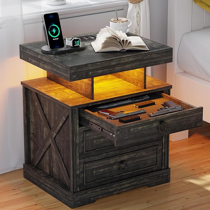 WOOVIVS Side Table with Gun Drawer - Farmhouse Night Stand with Charging Station for Bedroom, Smart End Table with LED Lights for Livingroom, Hidden Compartment Nightstands-Rustic Brown - Image 2