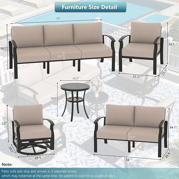 Aluminum Outdoor Patio Furniture Set,5 Pieces 5 Seats Metal Patio Sectional Furniture Set,Patio Conversation Sets with 45" Propane Fire Pit Table,Swivel Rocking Chairs Set,Sand
