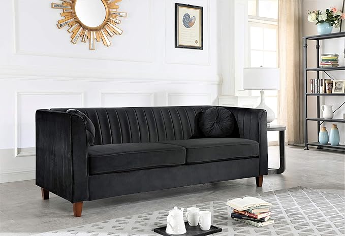 Arvilla 2 Piece Velvet Sofa Set with Bolster Pillows, Mid Century Modern Design, Chesterfield-Inspired Couch and Chair for Living Rooms, Midnight Black