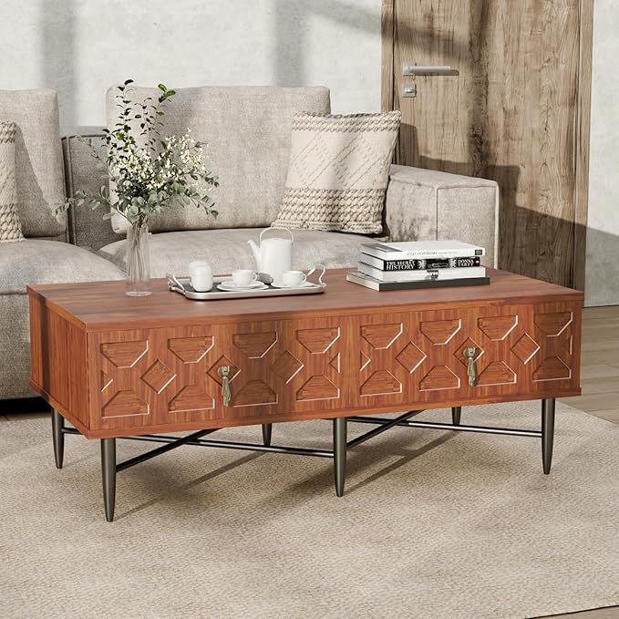 Farmhouse Coffee Table, Carved Decorative Center Table, Tea Table, Fluted Wooden Coffee Table with Storage for Living Room and Office. Walnut Brown