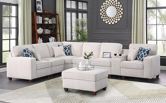 Ball & Cast 127" L-Shaped Sectional Couch with Movable Ottoman&6 Throw Pillow,7 Seat Chenille Upholstered Sofa W/2 Cup Holder,USB Port&Hidden Storage Box,DIY Combination,for Livingroom,Apartment,Beige