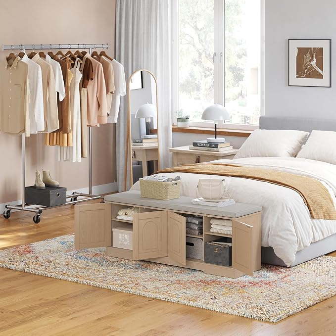 DINZI LVJ Shoe Bench, Entryway Storage Bench with Doors, Cushion, 2-Tier Shoe Rack with 8-Cubby, 47.2”L x 13.8”W Shoe Organizer Cabinet, Adjustable Shelf, Living Room, Bedroom, Natural - Image 2