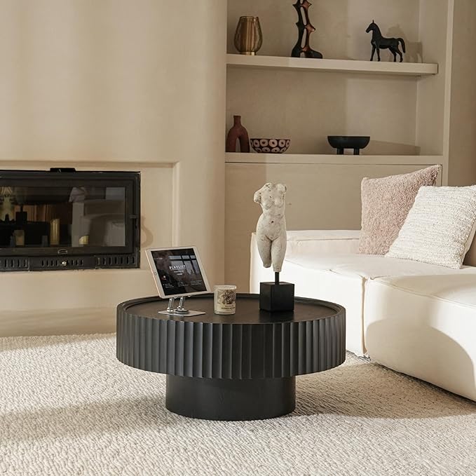 Round Coffee Table, 30.3in Modern Living Room Table, Fluted Drum Circle Tea Table with Storage, Accent Center Tables for Living Room, Apartment, Small Space(30.3''L×13.7''H) (Black)