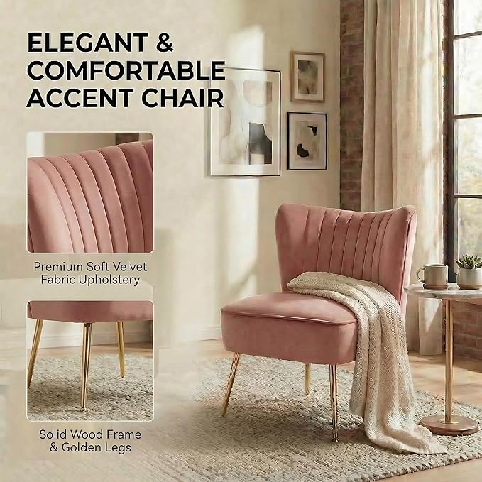 DUOMAY Modern Accent Chair Set of 2 Velvet Slipper Chair with Gold Legs Wingback Side Chair for Living Room Bedroom Entryway Small Corner Chair for Space Saving, Blush Pink