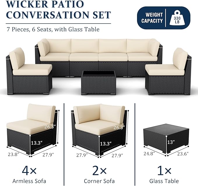 Patio Furniture Set, 7 Pieces Outdoor Sectional Sofa Set with Waterproof Cover, Black PE Wicker Rattan Slanted Back Outdoor Conversation Set with Cushions and Glass Coffee Table, Khaki