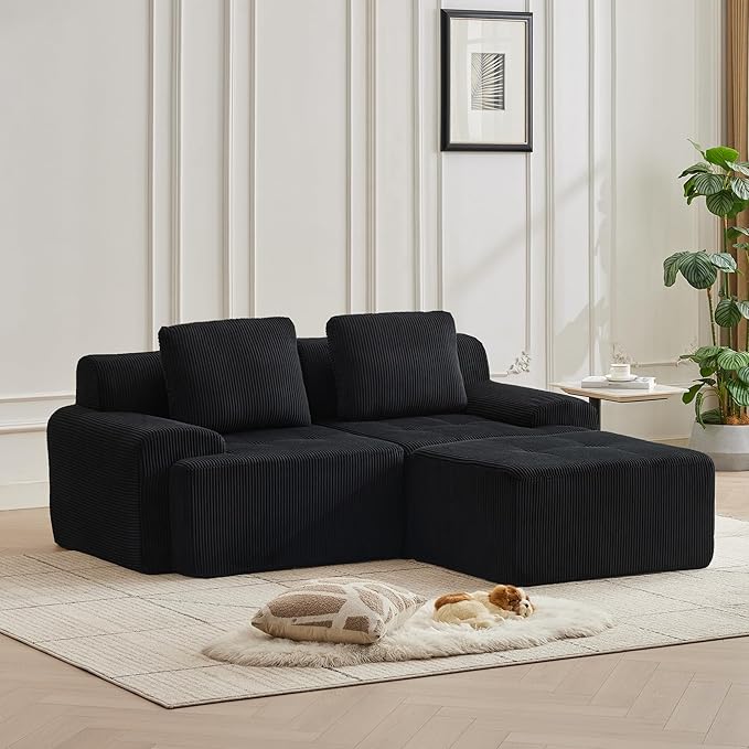 Modular Sectional Sofa with Movable Ottoman, 2 Seat Deep Seat Couch with 2 Pillows, Comfy Cloud Sectional Sofa for Living Room, Bedroom and Apartment (Black, 1 Left+1 Right+1 Ottoman)