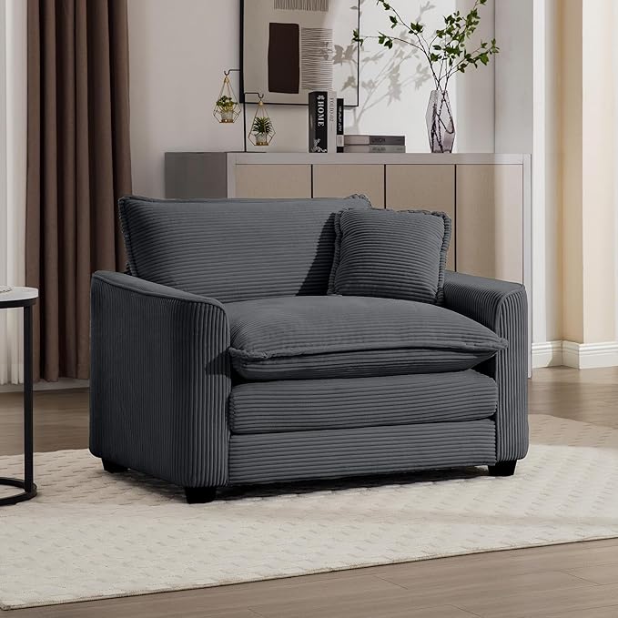 KEIKI 45" Oversized Corduroy Modular Sectional Single Sofa with High-Density Foam Cushions, Removable Armrests, Upholstered Modern 1-Seater Lounge Accent Chair with 1 Pillow, for Living Room, Grey