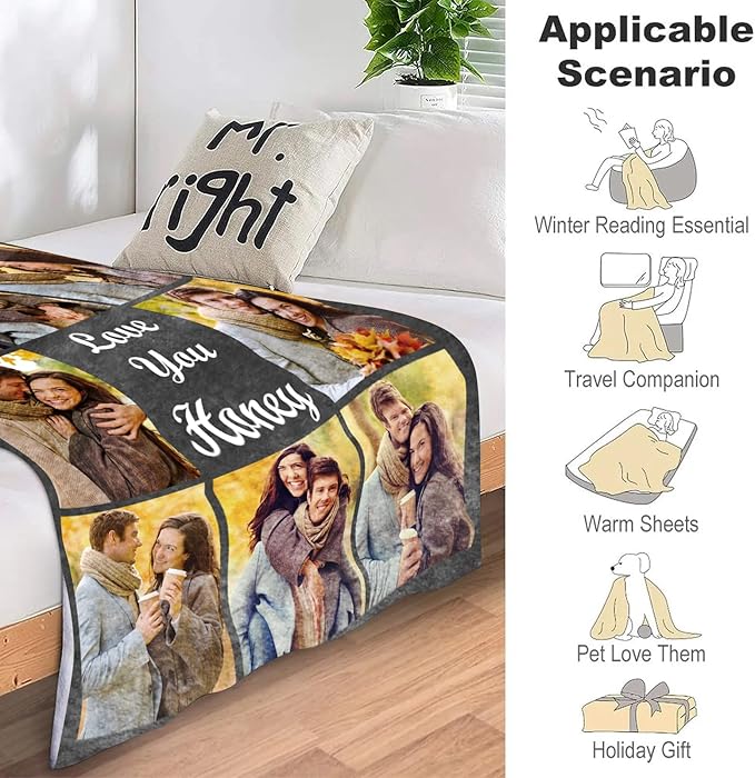 ICELIETE Custom Blanket with Picture Customized Fleece Photo Blanket for Couples Gifts Personalized Blankets and Throws Christmas Valentines Day Gifts for Boyfriend Girlfriend