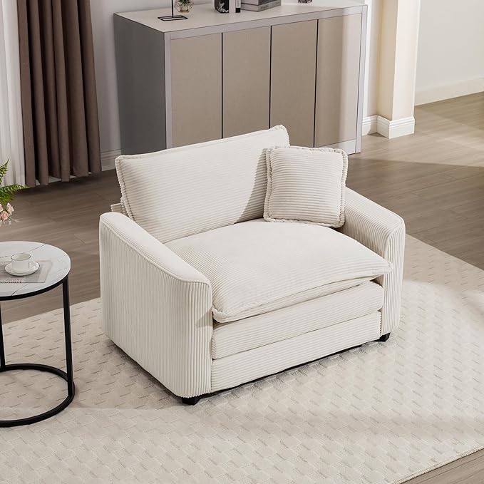 KEIKI 45" Oversized Corduroy Modular Sectional Single Sofa with High-Density Foam Cushions, Removable Armrests, Upholstered Modern 1-Seater Lounge Accent Chair with 1 Pillow, for Living Room, Beige