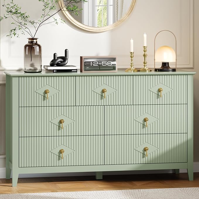 GarveeHome Fluted Dresser for Bedroom, 54 in Wide 7-Drawer Wood Dresser, Modern Chest of Drawers, Storage Organizer Cabinet for Living Room, Hallway, Entryway, Green by GarveeHome
