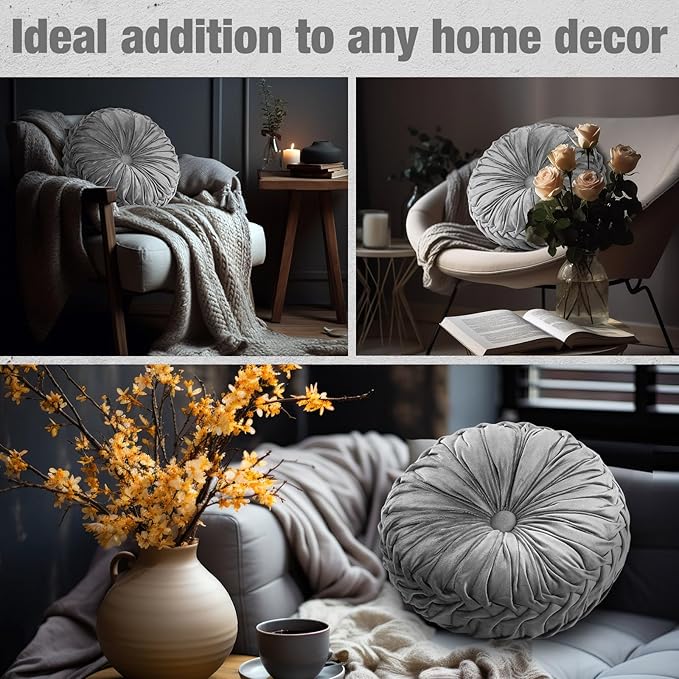 Beeveer 2 Pcs Round Throw Pillows 15 Inch Decorative Velvet Pleated Pumpkin Pillows Boho Floor Pillow with Center Button for Living Room Couch Chair Bed Sofa Home Decoration (Gray)