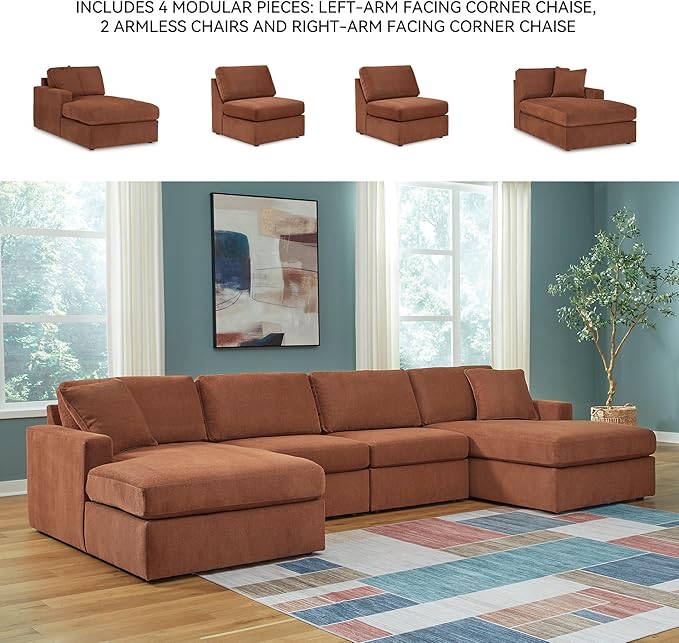 Signature Design by Ashley Modmax Stain Resistant Minimalist Modular Anti Sag 4-Piece Double Chaise Sectional with Loose Reversible Cushions and 2 Accent Pillows, Orange