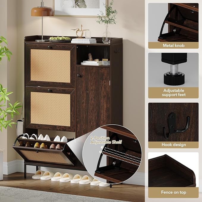 GarveeLife 3-Tier Rattan Shoe Cabinet with Flip Drawers, Adjustable Shelves and Narrow Storage Design, Perfect for Entryways, Hallways, and Bedroom Organization in Wood