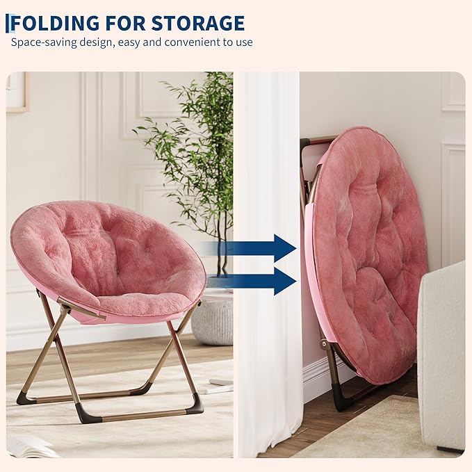 GAOMON Saucer Chair, Comfy Chair Faux Fur Lounge Moon Chair with Folding Metal Frame, Oversized Plush Flower Accent Seat for Adults, Teens & Kids, for Teens, Bedroom, Dorm or Living Room, Rose Pink