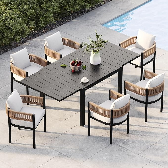 Grand patio 7-Piece Outdoor Dining Set for 6 with 1 Rectangle Expandable Table for 4-6 Person, Metal Woven Wicker Fixed Patio Chairs with Thickened Cushions for Yard, Poolside, Deck (Natural) by GrandPatio