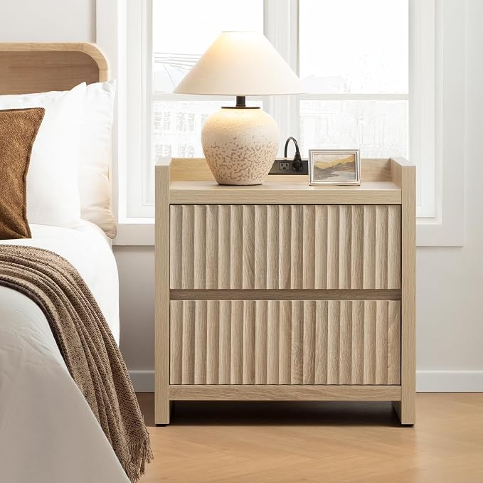 SICOTAS Night Stand Fluted Nightstands with Charging Station- Modern 2 Drawers Nightstand 25" Tall Bedside Table End Table, Large Night Stands for Bedroom, Sofa Side (Light Oak, 1 Piece) by SICOTAS
