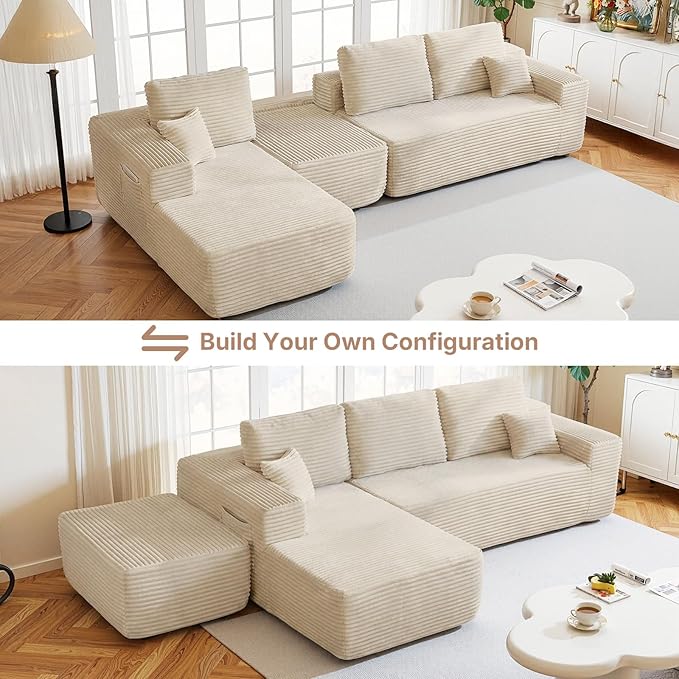 104" Boneless Modular Sectional Sofa with Reconfigurable U-Shaped Layout, No Assembly Required Compressed Sofa, Deep Seat Seating with Ottoman for Living Room, Bedroom, Apartment Beige Left