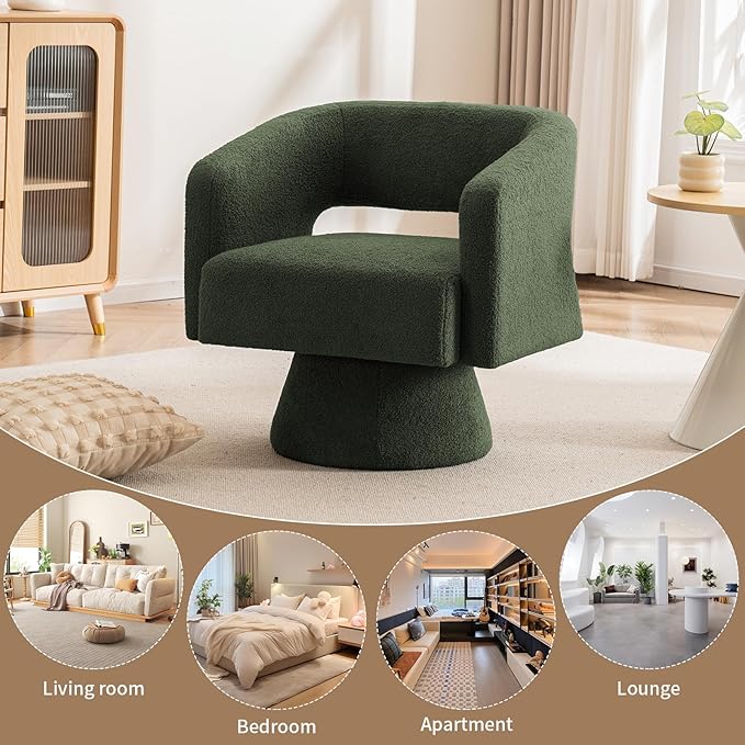 ClinQ Swivel Barrel Accent Chair, Oversized Teddy Upholstered Round Swivel Chairs Set of 3, Modern Luxury 360° Living Room Vanity Chair for Bedroom Office&Living Room, Green