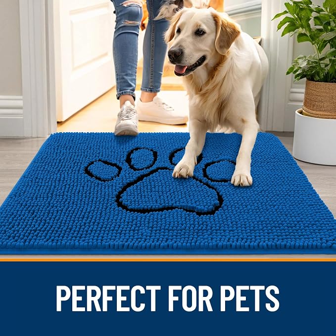 OLANLY Dog Door Mat for Muddy Paws 48x30, Paw Print Design, Absorbs Moisture and Dirt, Non-Slip Washable Doormat, Quick Dry Chenille Mud Mat for Dogs, Entry Indoor Entryway Carpet, Deep Navy Blue - Image 6