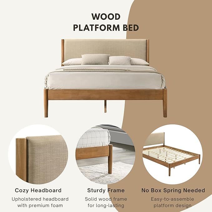 Roundhill Furniture Vichy 3-Piece Rubberwood Bedroom Set, Platform Bed with Two Nightstands, King, Textured Polyester