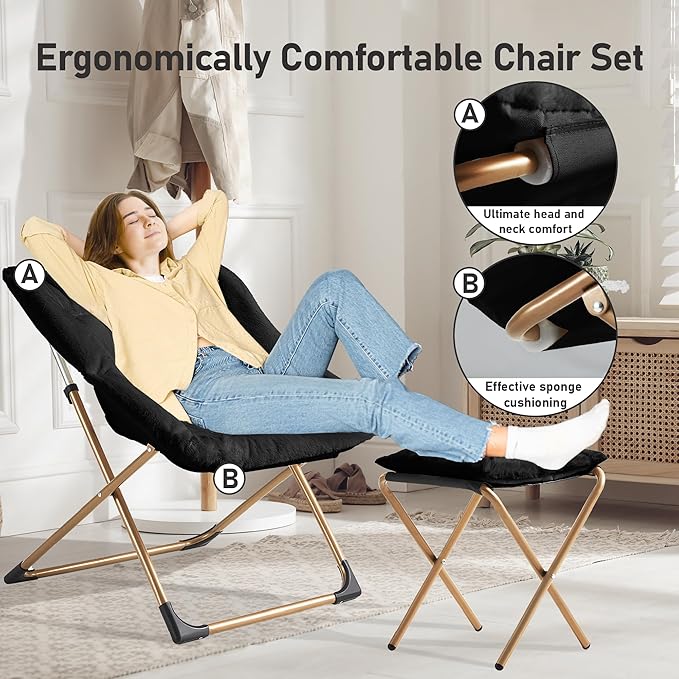 Youtanic Comfy Oversized Saucer Chair with Ottoman,Soft Faux Fur Reading Lounge Chair for Adults,Stable X-Large Metal Frame and Non-Slip Pad,Cozy Chair for Bedroom, Living Room, Dorm, Office, Black