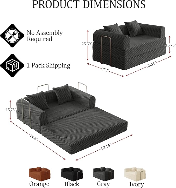 HouseMila 53.15" Boneless Couch,4-in-1 Futon Sofa Bed Modular Loveseat Sleeper Folding Compressed Couch with Pillows,No Assembly Required Convertible Sofa Bed for Living Room Bedroom Guest Room,Grey