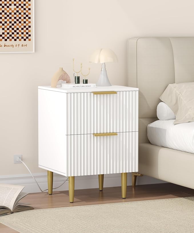 Akxomel White Nightstand Set of 2, Fluted Night Stand with Charging Station, 13.8" D x 15" W x 23.2" H, 2 Drawers Modern Bedside Table with USB Ports and Outlets, Golden Side Table for Bedroom - Image 2