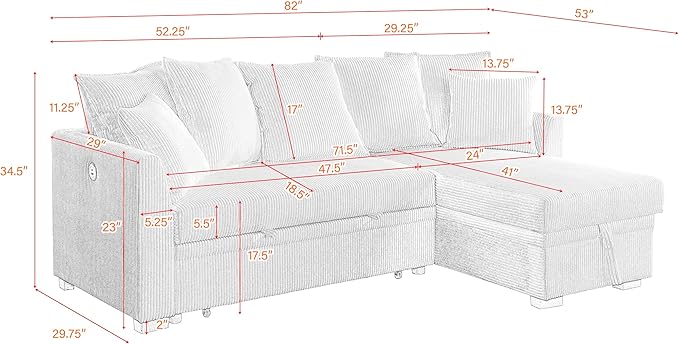 Modern Living Room Corner Convertible Sofabed Corduroy Upholstered Reversible Sleeper Sectional Sofa with 7 Pillow and USB Ports, L-Shaped Pull Out Sleep Couch Bed W/Reversible Storage Chaise Daybed