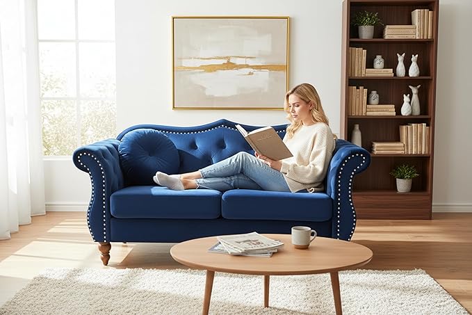 Anna1 Chesterfield Velvet Couches for Living Room, Button Tufted Luxury Upholstery with Rolled Arms, High-Density Foam, Durable Wood Frame, 65.5" Loveseat, Blue