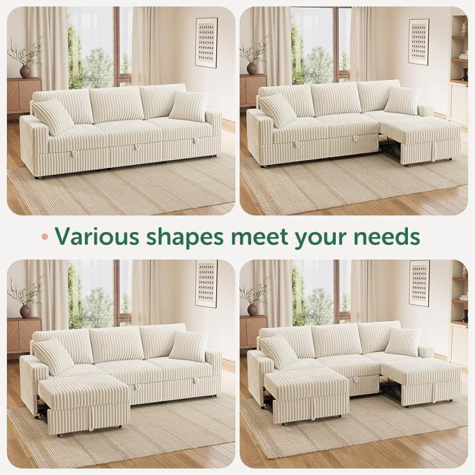 HONBAY 94.5 Inch Sectional Sofa, Modular L & U Shaped Pull Out Couch with Adjustable Backrest & Storage, Velvet White