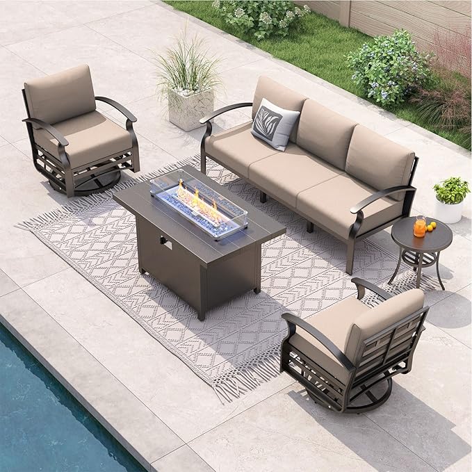ALAULM Aluminum Patio Furniture Set with Propane Fire Pit Table 5-seat Metal Outdoor Furniture w/Fire Pit Patio Sectional Sofas w/5.1" Cushions for Patio, Backyard, Poolside-Sand