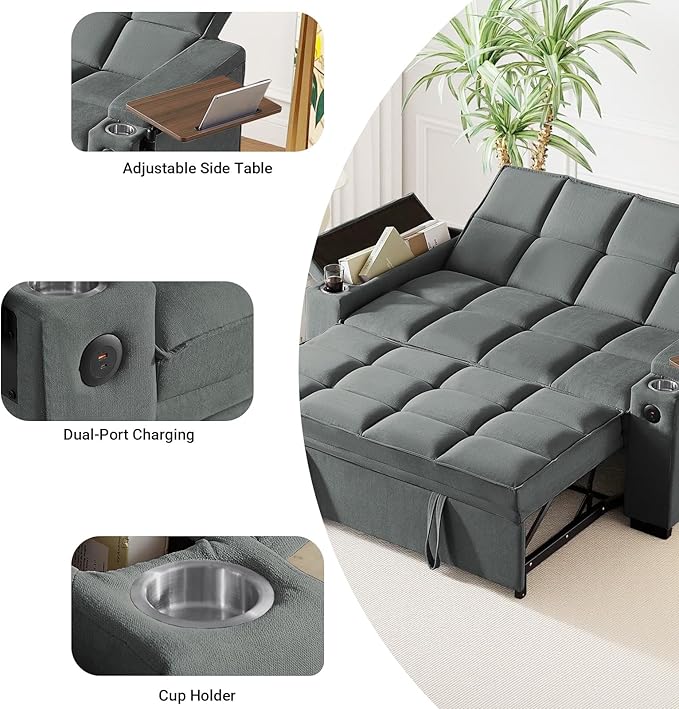65'' 3-in-1 Sleeper Sofa Bed with Pull-Out Couch & Side Table, Convertible Loveseat with Adjustable Backrest, Velvet Chaise Lounge with USB & Type-C Ports, Dark Grey
