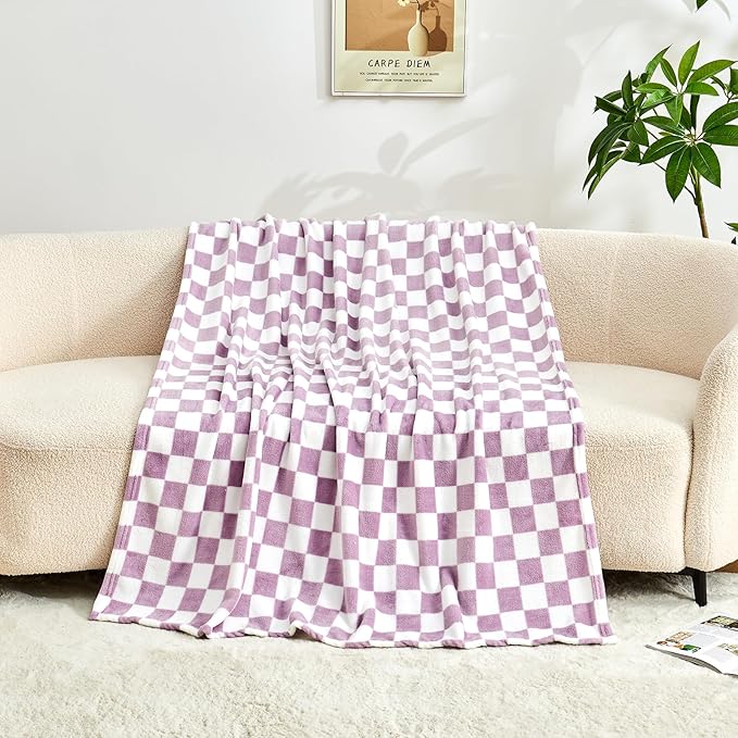 Edenleaf Checkered Blanket Flannel Throw Blankets Soft Cozy Checkered Grid Print Chessboard Gingham Pattern Throws for Bed Sofa Couch for All Seasons, 50x60 Inch, Purple