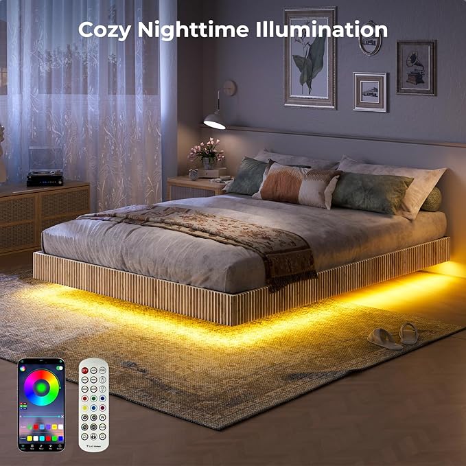 Evermagin Bedroom Furniture Set-Bed with 2 Nightstands, Mid Century Modern Bedroom Set, Floating Bed Frame Led Lights, Fluted Floating Room Furnitures, 3-Piece Room Set (Nbh, King)