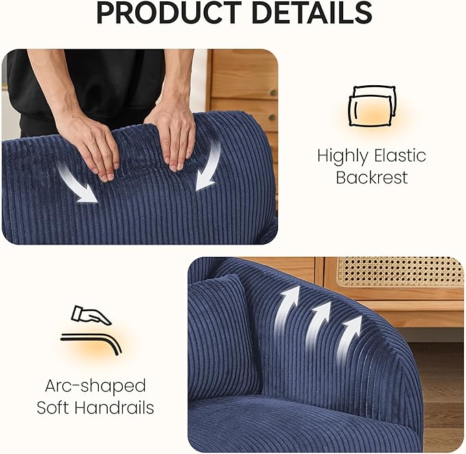 Corduroy Accent Living Room Sets, Comfy Upholstered Loveseat Sofa with 2 Accent Chairs, Morden Couch Sets for Living Room, Bedroom, Office, Blue