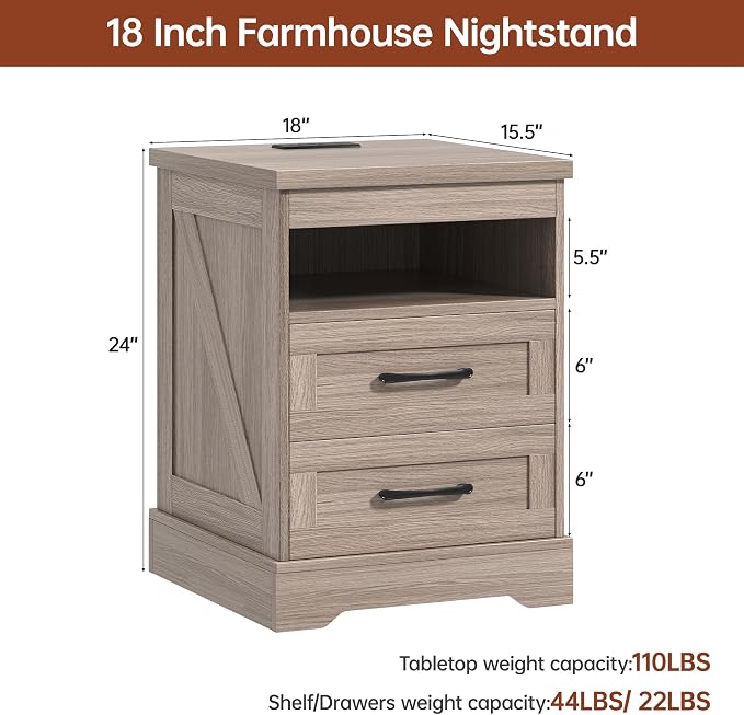 18'' Nightstand with LED Lights | Built-in Power Outlets & USB Ports, Farmhouse Bedside Table with 2 Drawers and Open Storage Shelf, End Table for Bedroom, Living Rooms, Home Offices, Grey,2 Set - Image 3